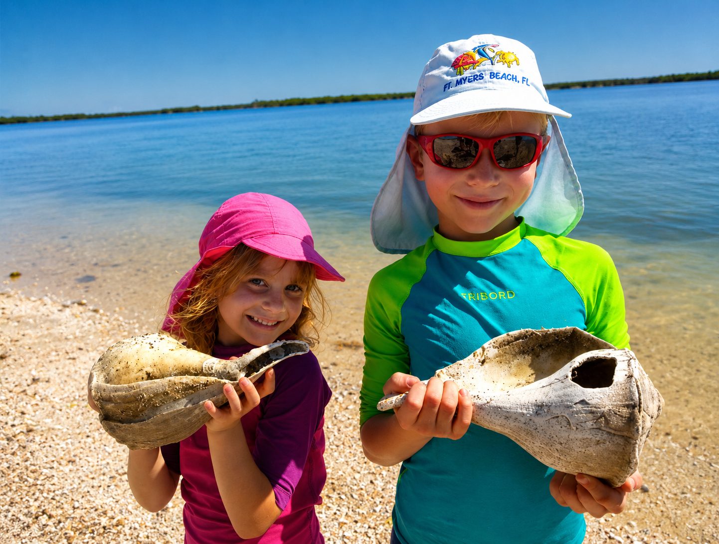 Two kids on a sandbar holding large whelk shells they found while shelling near Marco Island