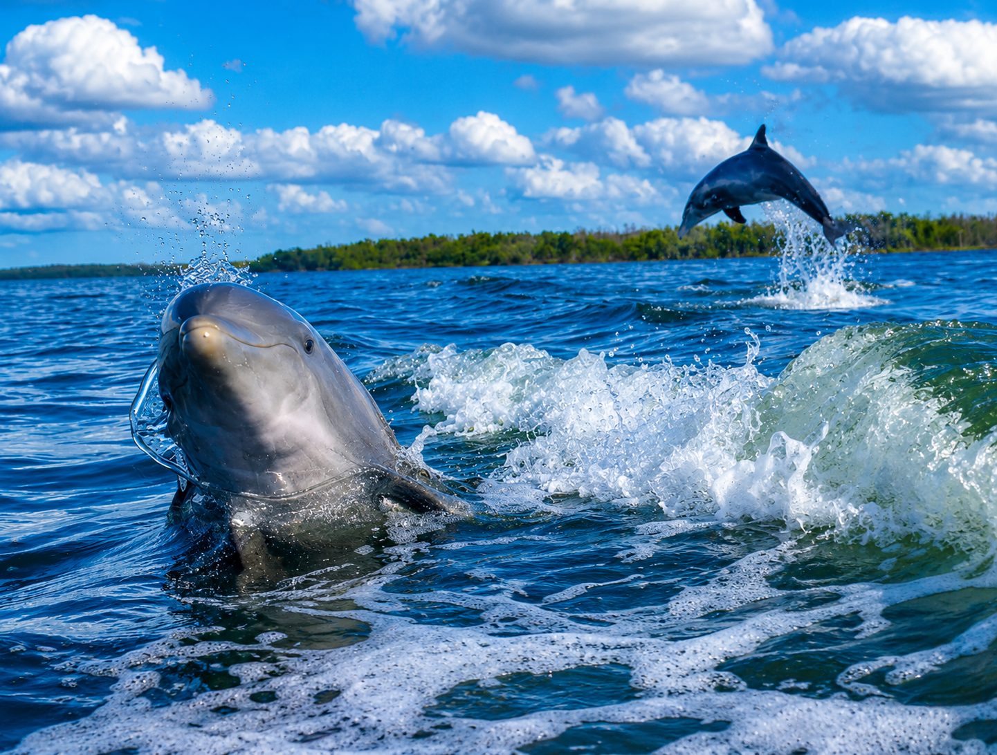 Two dolphins leaping in the 10,000 Islands